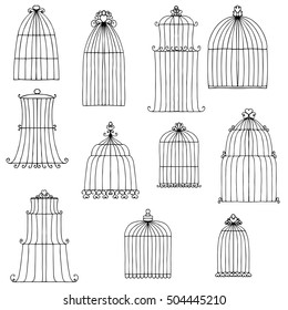 vector set of hand drawn bird's cages