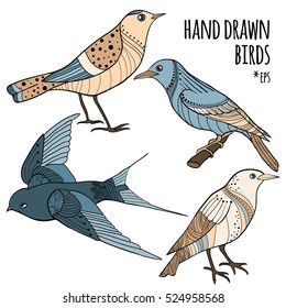 Vector set of hand drawn birds. Collection of sketch style bird with doodles. Colorful isolated outline drawing