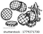 Vector set of hand drawn black and white grilled burger patties