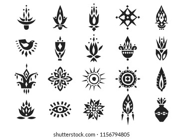 Vector set of hand drawn black african 
 cut out flowers and symbols. For posters, patterns, lettering.