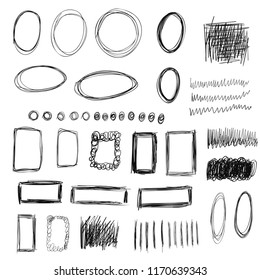 Vector set of hand drawn black scribble circles and other ellements.