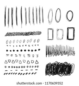 Vector set of hand drawn black scribble circles and other ellements.