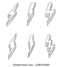 Vector Set of Hand Drawn Black Sketch Thunder Bolt Symbol