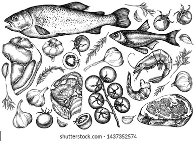 Vector set of hand drawn black and white garlic, cherry tomatoes, fish, shrimp, beef, rosemary