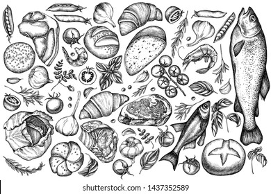 Vector set of hand drawn black and white garlic, cherry tomatoes, peas, fish, shrimp, cabbage, beef, buns and bread, croissants and bread, basil, rosemary