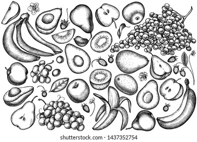 Vector set of hand drawn black and white apples, pears, avocado, kiwi, grapes, bananas, strawberry