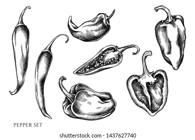 Vector set of hand drawn black and white pepper