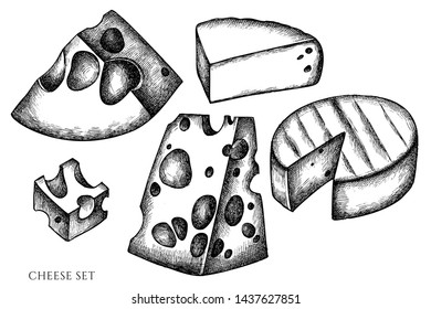 Vector set of hand drawn black and white cheese