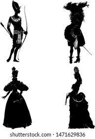 Vector set with hand drawn black silhouettes of men and women wearing different ancient clothes. Egiptian, european 18 and 19 century