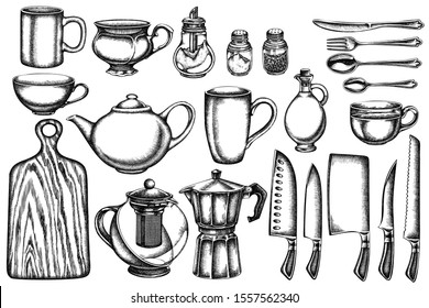 Vector set of hand drawn black and white Chef's knifes, teaspoon, spoon, fork, knife, cutting board, bottle of oil, teapots, coffee pot, cups, sugar bowl, pepper shaker, salt shaker