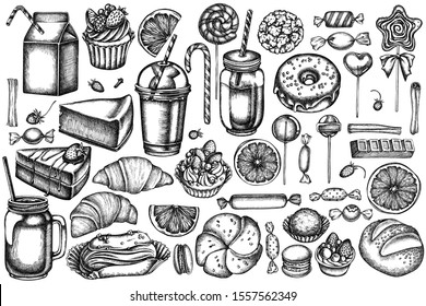 Vector set of hand drawn black and white cinnamon, macaron, lollipop, bar, candies, oranges, buns and bread, croissants and bread, strawberry, milk boxes, smoothie cup, lollipop, smoothie jars.