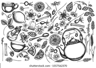 Vector set of hand drawn black and white cinnamon, lemons, oranges, tea bag, sugar cubes, heather, chamomile, dog rose, peppermint, almond, strawberry, teaspoon, teapots, cups, sugar bowl