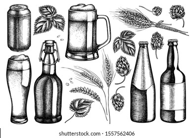 Vector set of hand drawn black and white rye, hop, mug of beer, bottles of beer, aluminum can