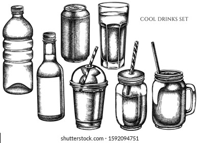 Vector set of hand drawn black and white glass, plastic bottle, bottle of lemonade, smoothie cup, aluminum can, smothie jars