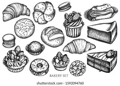 Vector set of hand drawn black and white macaron, buns and bread, croissants and bread, cheesecake, eclair, cupcake, cake, donut, cookie, truffle, cake, tartlet