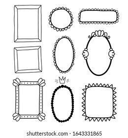 Vector set of hand drawn black frames isolated on white background. Illustration of openwork frames in a flat cartoon style.