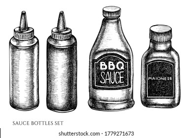 Vector set of hand drawn black and white sauce bottles