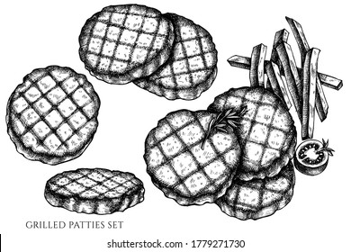 Vector Set Of Hand Drawn Black And White Grilled Burger Patties