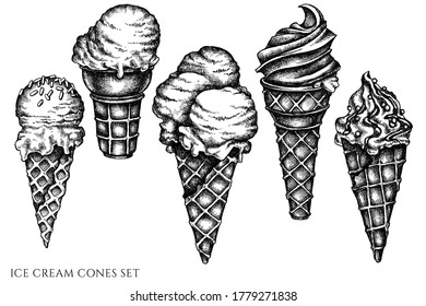 Vector set of hand drawn black and white ice cream cones