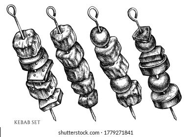 Juego de vectores dibujado a mano kebab blanco y negro