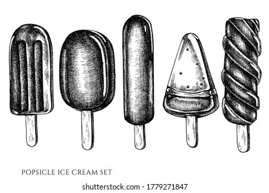 Vector set of hand drawn black and white popsicle ice cream