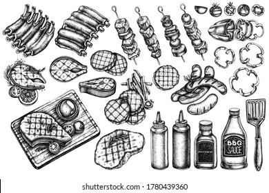 Vector set of hand drawn black and white spatula, Pork ribs, kebab, sausages, steak, sauce bottles, grilled burger patties, grilled tomato, grilled salmon steak, grilled bell pepper