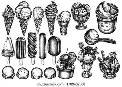 Vector set of hand drawn black and white ice cream bowls, ice cream bucket, popsicle ice cream, ice cream cones
