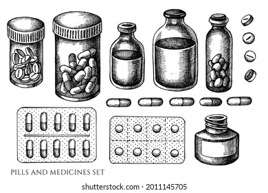 Conjunto vectorial de pastillas y medicamentos de color blanco y negro dibujados a mano