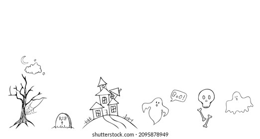 Vector set with hand drawn black doodle Halloween elements isolated on white background. Ghost, haunted house, skull, tree and other.
