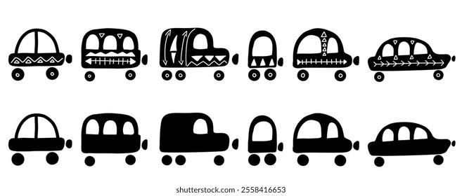 Vector set of hand drawn black silhouettes of cars in naive style. Collection of clip art of various transport isolated from the background.