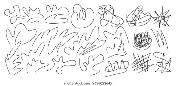 Vector set of hand drawn black messy swirl lines, scribble strokes, sprawling signatures, squiggles, messy curves for advertisement, mental struggling concept, chaotic way direction