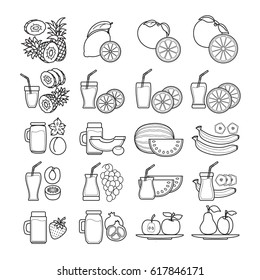 Vector set of hand drawn black and white  fruit juice icon.