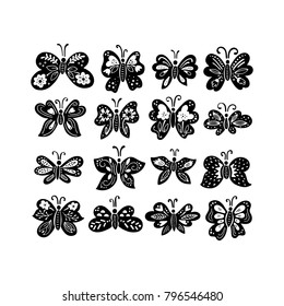 Vector set of hand drawn black and white butterflies isolated on white background. Pretty vector butterfly set with spring flower for your design.