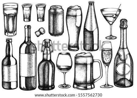 Vector set of hand drawn black and white glass, champagne, mug of beer, alcohol shot, bottles of beer, bottle of wine, glass of champagne, glass of wine, glass of martini, aluminum can