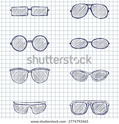 Vector Set of Hand Drawn Blue Ink Sketch Eyeglasses Icons on Checkered Paper Background