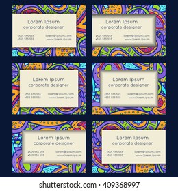 Vector set of hand drawn boho doodle paisley business card template designs.