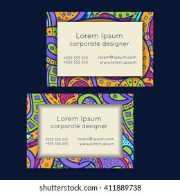 Vector set of hand drawn boho doodle paisley business card template designs.
