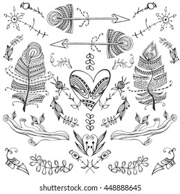 Vector set of hand drawn Boho design elements. Trendy tribal symbol collection with arrows, feathers, floral border design for print and posters. 