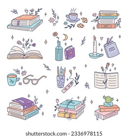 Vector set of hand drawn books in doodle style. Books with floral decoration. Various books, stacks of books, notebooks.