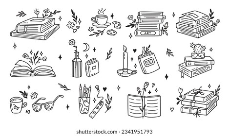 Vector set of hand drawn books in doodle style. Books with floral decoration. Various books, stacks of books, notebooks.