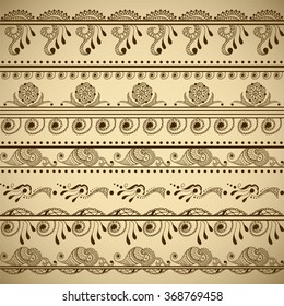Vector set of hand drawn borders in ethnic indian style. Collection of pattern brushes inside. Mehndi ornamental borders. Decorative floral elements for henna design