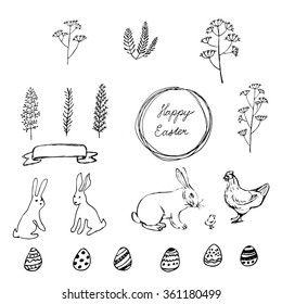 Vector set of hand drawn of branches, rabbits, chicken, eggs isolated on white background. Hand-drawn contour lines. Happy Easter lettering.