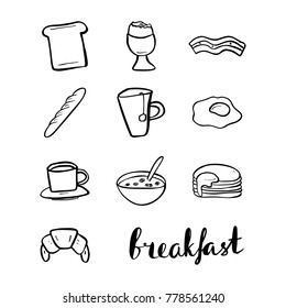 Vector set of the hand drawn breakfast dishes. Food and drinks illustrations.