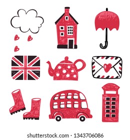 vector set of hand drawn british icons. British signs and symbols