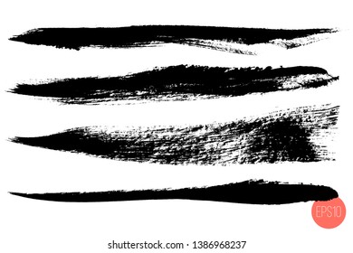 Vector set of hand drawn brush strokes, origins for custom brushes. Monochrome design elements set. Black color artistic hand drawn horizontal shapes.