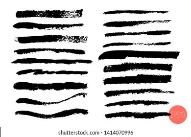 Vector set of hand drawn brush strokes, origins for custom brushes. Monochrome design element set. Black color artistic hand drawn horizontal stripes various shape.