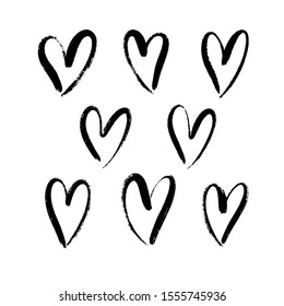 Vector set of hand drawn brush black hearts on white background. Dry brush stroke in heart shape. Collection of hearts for romantic design, Valentines day, love black and white template. 