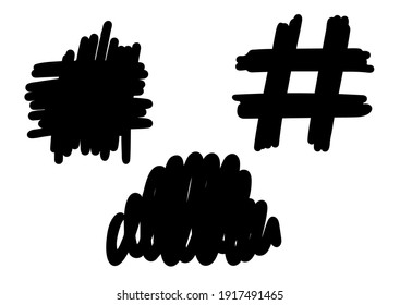 Vector set of hand drawn brush strokes isolated on white background. Circle, hashtag, Backsplashes for print, cut, for t shirt, keychain designs. 