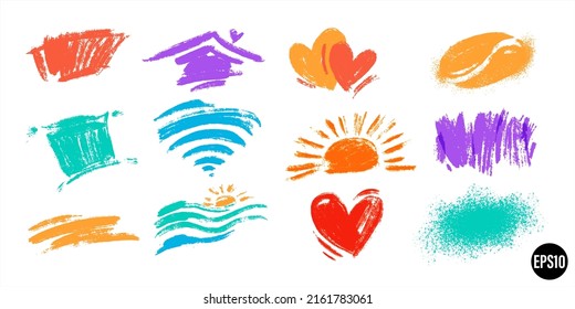 Vector set of hand drawn brush strokes and objects. Various color drawn house, hearts, coffee bean, wi fi symbol, pillow, sun, sea and rectangular strokes. Hand drawn small backdrops.