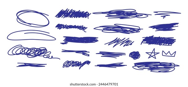 Vector set of hand drawn brush strokes, lines, stripes, scribbles. Scribbles and sketches, marker line set. Ink shapes, scrawl textured elements. Scrawls, star, crown, underlines.